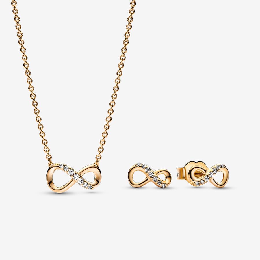 Sparkling Gold Infinity Stud Earrings & Necklace image number 0